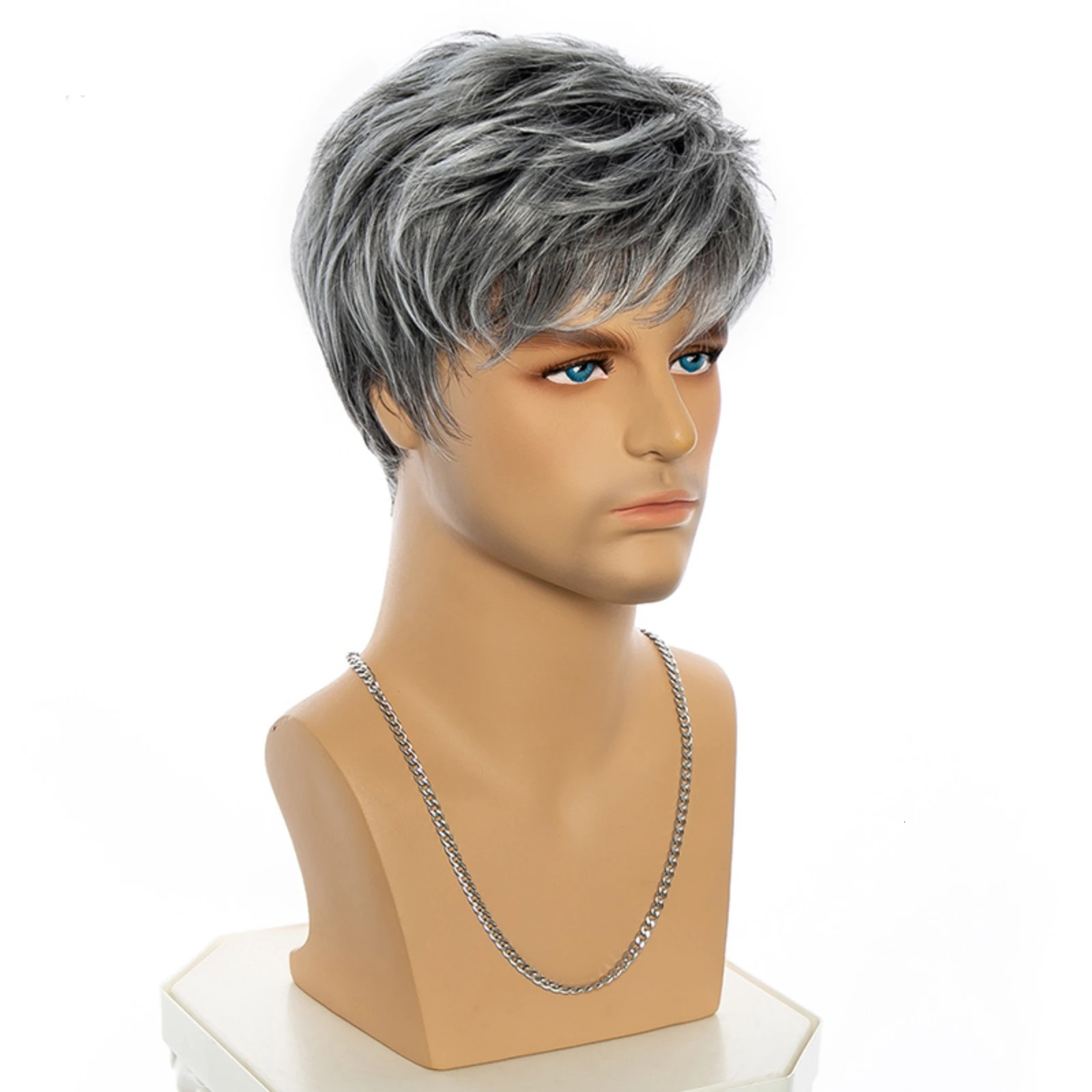 Gray and White Mens synthetic Wigs Fashion Mens Short Hair Cosplay Man Hair for daily use 250224