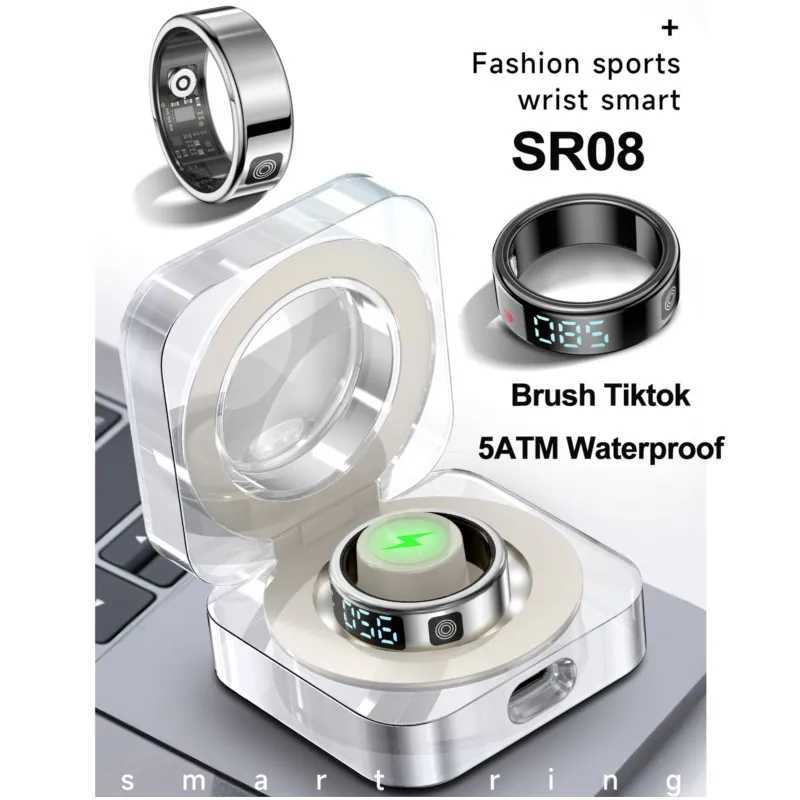 New SR08 Smart Ring LED Display Heart Rate Gesture Scan Video Sleep Monitor 5ATM Waterproof Fitness Tracker Ring W250225
