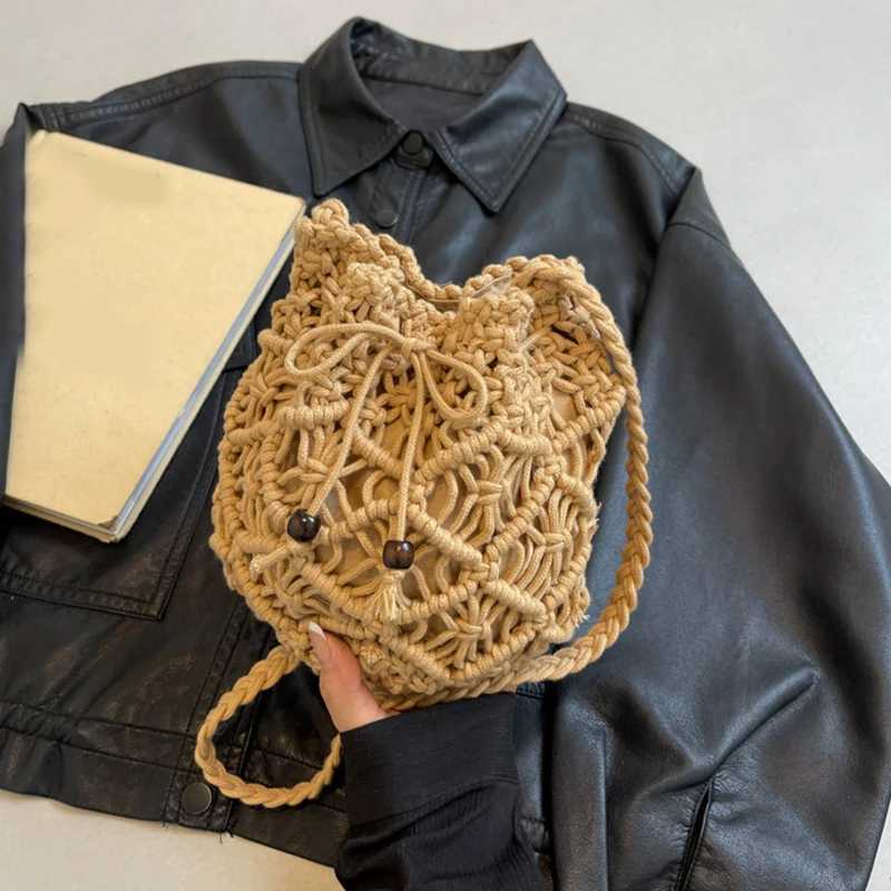 Handmades Knitting Bags For Wonmen Fashion Cotton Thread Bucket Bag With Drawstring Portable Shoulder Bag Summer Beach Purses