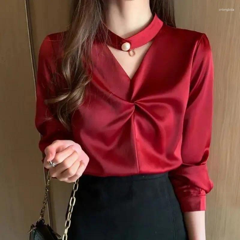 Women's Blouses Women Spring Summer Simplicity Office Lady Solid Color V-neck Long Sleeve Shirts Ladies Fashion Pleated Silk All-match Tops