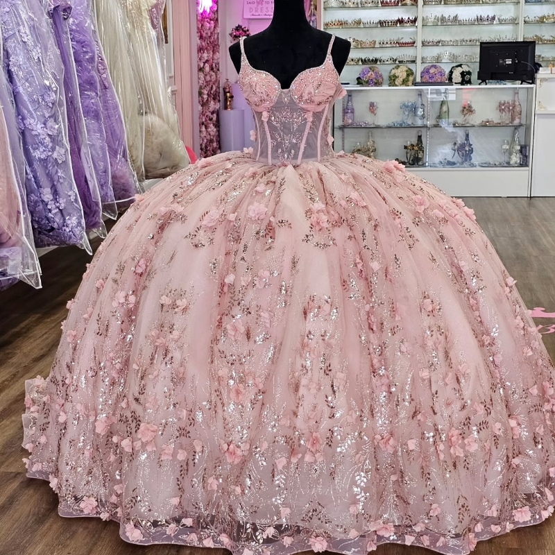 Pink Shiny Quinceanera Dresses Ball Gown Spaghetti Strap Sequin Appliques Flower Beading Tull Corset Sweet 16 Dress Vestidos 15 De Anos