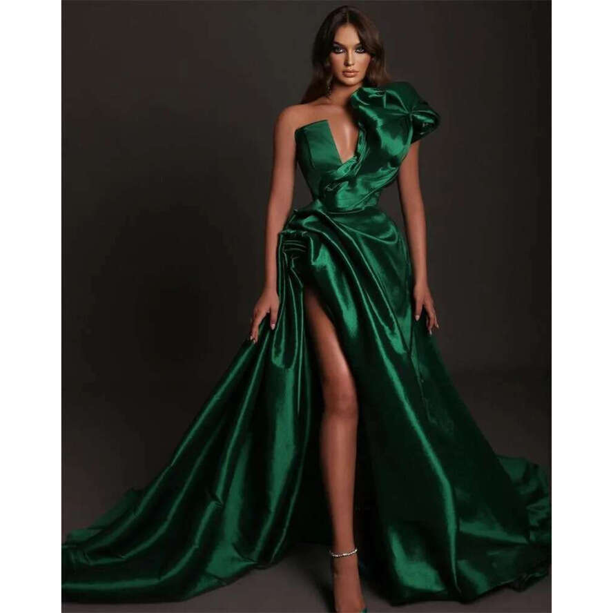 Elegant Green Evening Dresses One Shoulder Puffy Sleeveless Party Prom Banquet Custom-Made Side Split Or Length Ful Robe De Marie