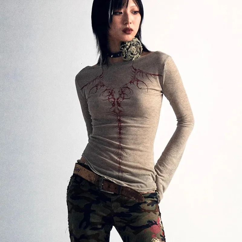 Karrcat Grunge Aesthetics Knitted Tops Vintage Tattoo Print T-shirt Punk Irregular Tee Shirt Gothic Y2k Streetwear Alt 250224