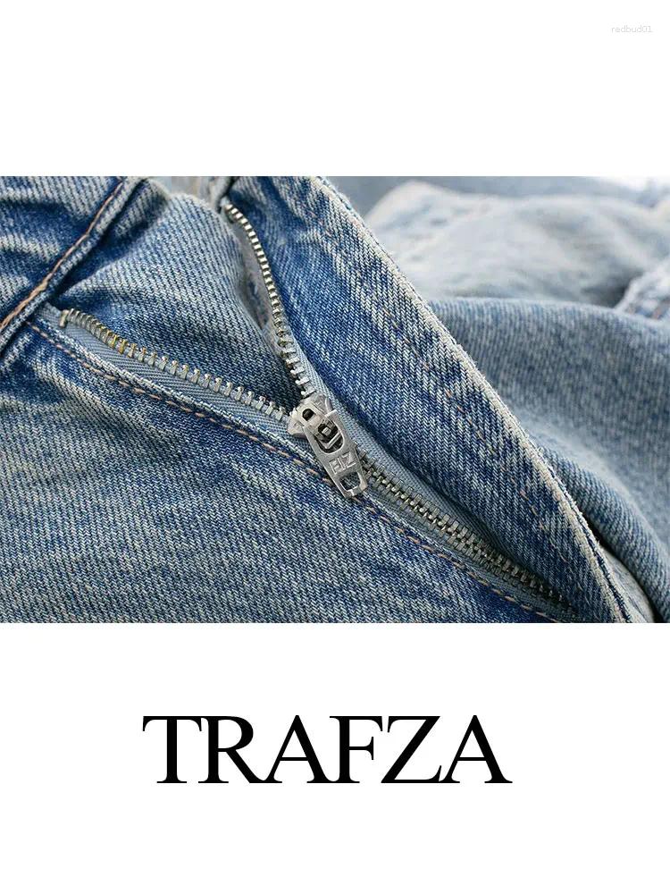 Women's Jeans TRAFZA 2025 Vintage Denim For Women 2 Colors High Waist Zipper Ripped Distressed Patchwork Causal Straight Tr