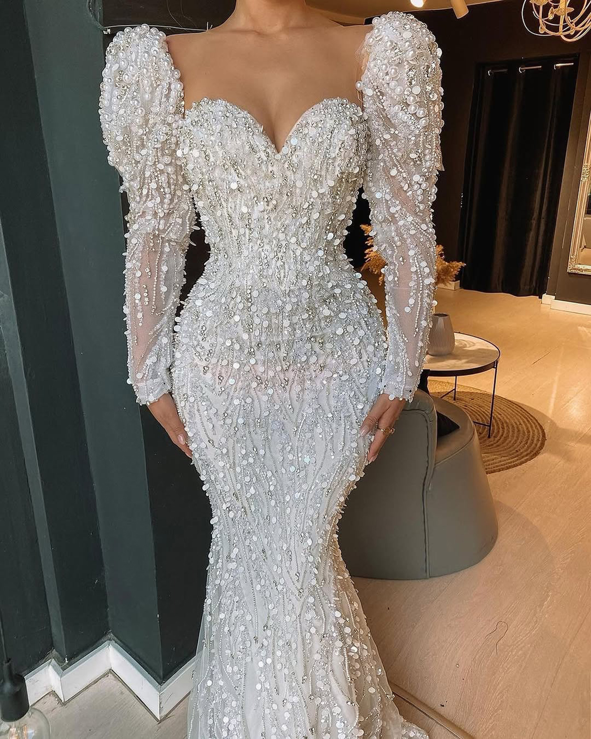 Graceful Pearls Wedding Dresses Sequins Mermaid Bridal Gowns with Overskirts Beading Customized Princess Long Sleeve Sweep Train Bride Dress Vestidos 