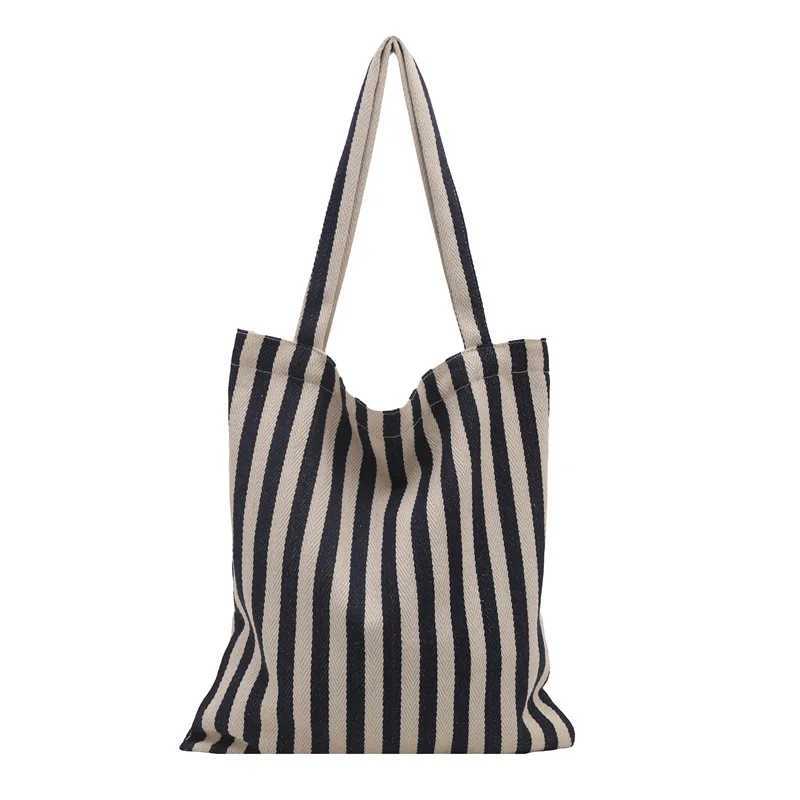 literary handbag simple striped canvas bag large capacity shoulder bag Z250224