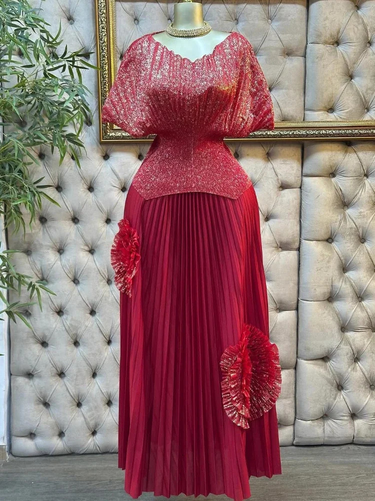 EGRM Fold 2piece Womens Fashion Vneck Short Sleeve Batwing Half Irregular Hemp Top3D Flower Aline Folding Skirt 6R81 250222