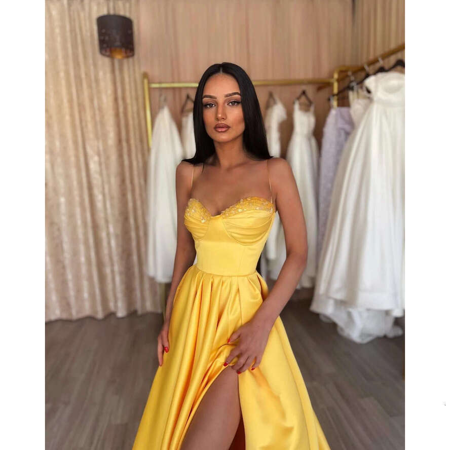 A Elegant E Yellow Prom Dresses Sequins Collar Evening Gowns Pleats Slit Formal Long Special Ocn Party Dress