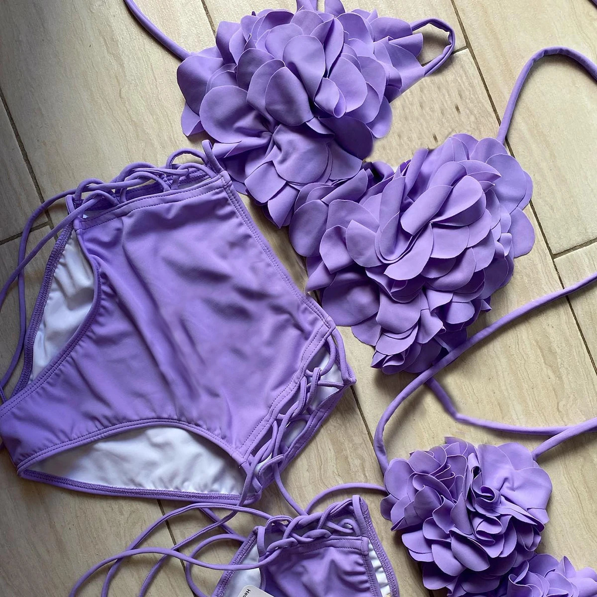 2024 Summer Sexy Petal Push Up Backless Bikini Set Women Fashion Flower Ruffles Bikini Lady Solid Beachwear Bathing Suit 250224