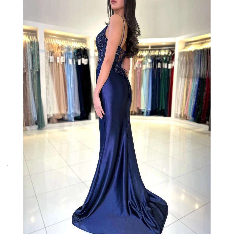 Navy Blue Mermaid Prom Spaghetti Beads Appliques Evening Elegant Dresses Split Bridesmaid Dress Satin Train For Special Ocns