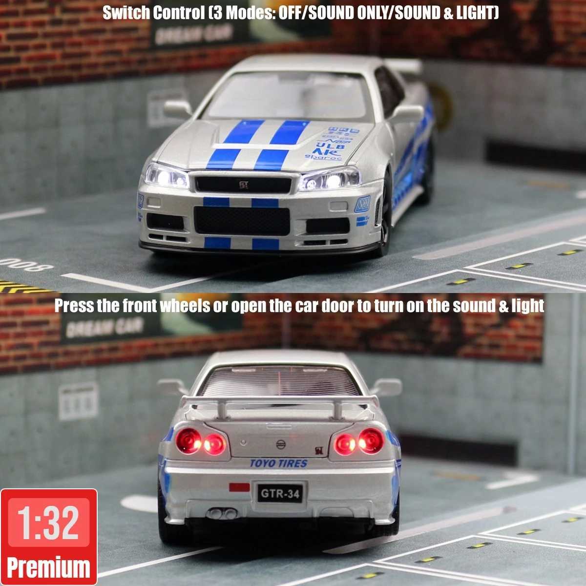 1/32 Nissan Skyline GTR R34 JDM Toy Car Model Diecast Vehicle Miniature Sound Light Pull Back Collection Gift Children Boy Free shipping