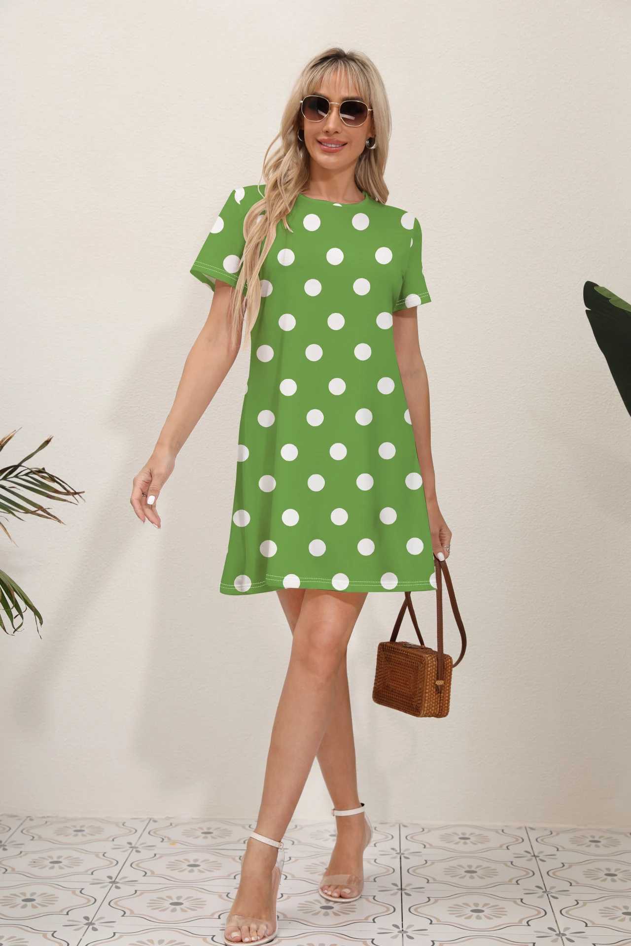 2024 Summer Latest Womens Fashion Print Street Trend Round Neck Sweet and Fresh Flowers Solid Colors Suitable for Beach DressesXJ250224