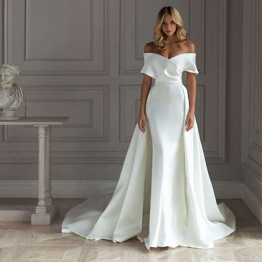 Satin Noivas Vestidos Mermaid Wedding Dress With Detachable Train Simple Robe De Mariee V Neck Off The Shoulder Trouwjurk