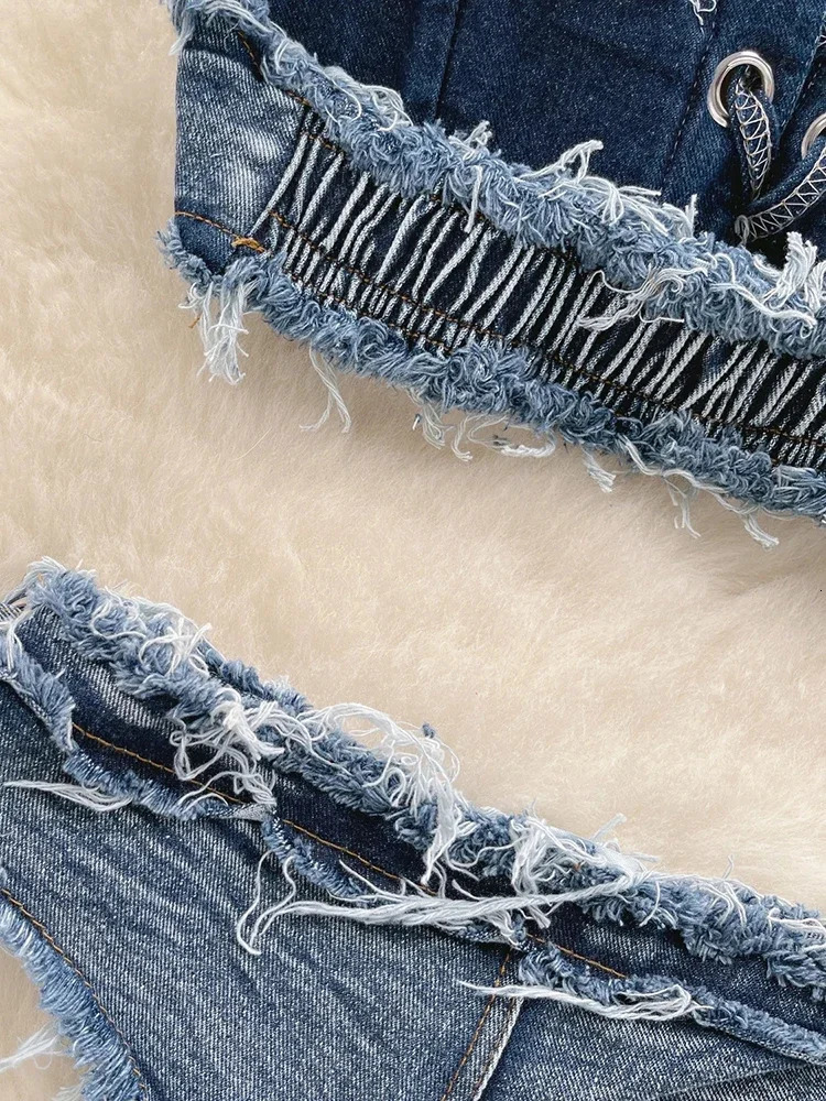 OIINAA Bathing Suit Women Sexy Denim Suits Bikini Set Lace Up Drawstring Beachwear 2024 Solid Summer Vintage Two-pieces Swimwear 250224