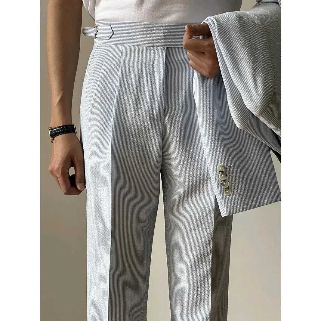 Summer thin striped mens straight leg loose fitting casual pants British style casual business suit pants trend W250225