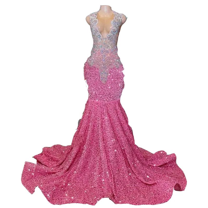 Aso Ebi Mermaid Pink Prom Dresses 2025 Illusion Lace Beaded rals Evening Formal Party Second Birthday Engagement Gowns Plus Size Dress For Special Ocn