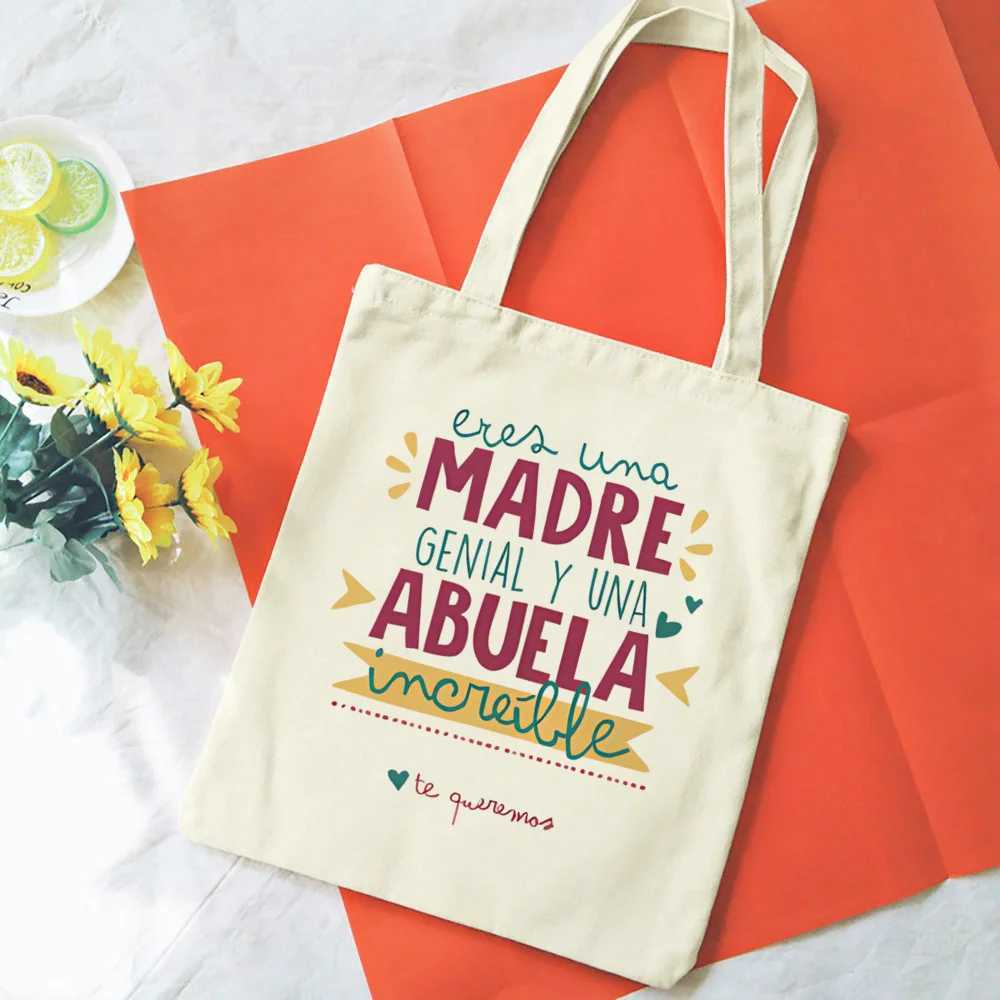 Abuela Letter Print Handbag Canvas Large Capacity Shopping Bag Portable Casual Fashion Handbag Mothers Day Gift Z250224