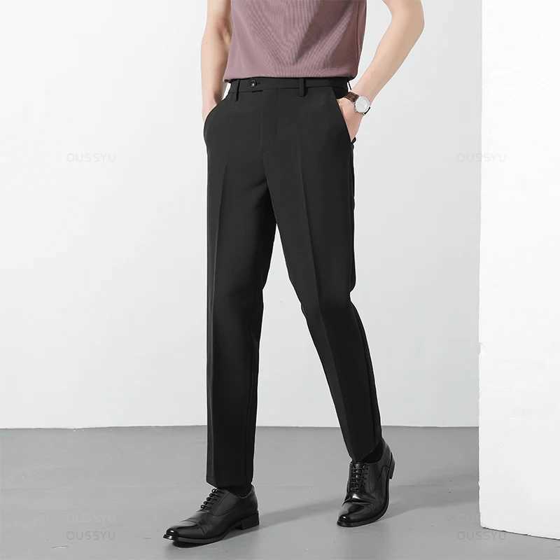 Spring Summer Suit Pants Men Business Smooth Slim Business Office Social Elastic Waist Ankle Length Formal Korean Trousers Male W250225