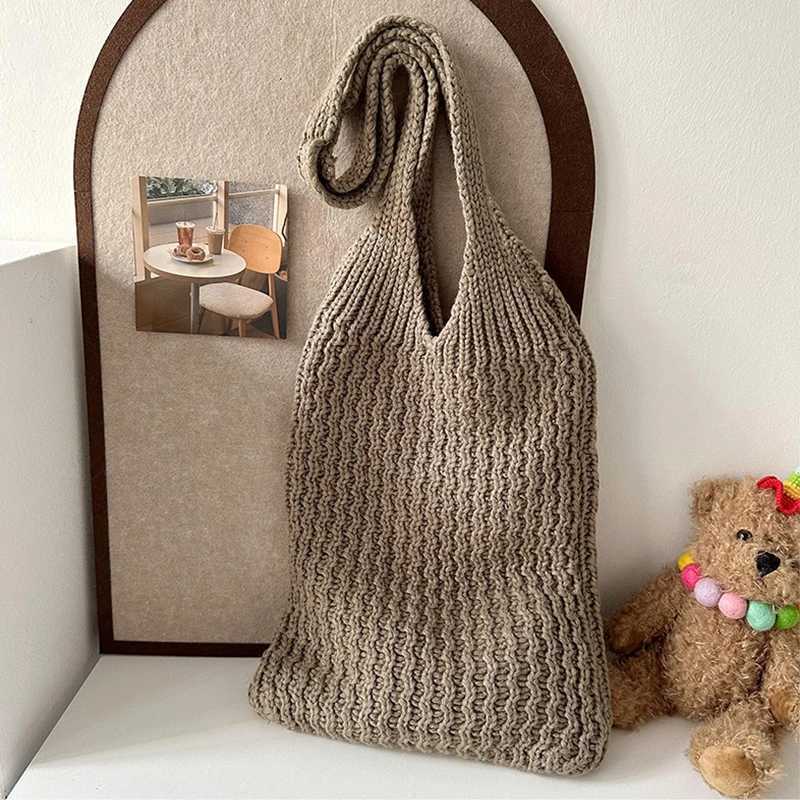 Hollow Women Shoulder Bags Retro Woven Solid Color Crochet Bag Large Capacity Shopping Tote