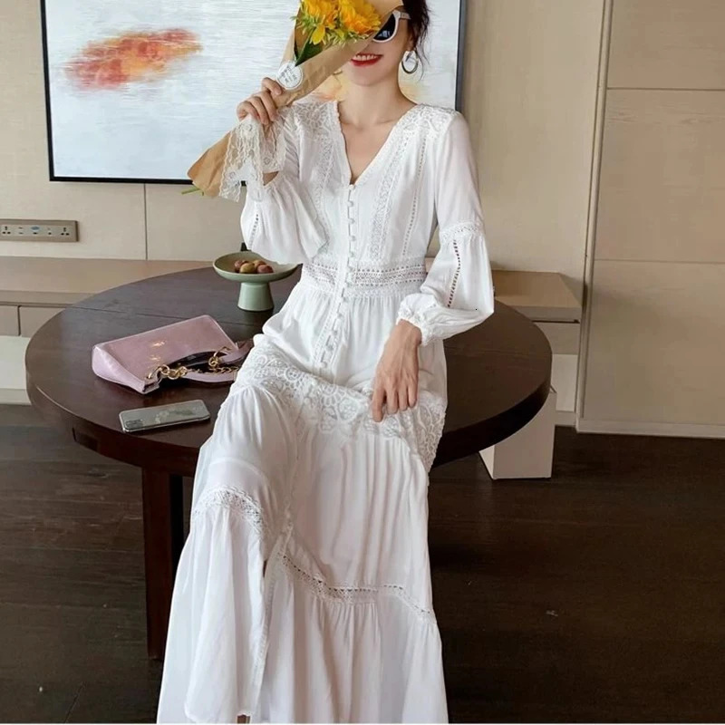 Womens Long White Dress V Neck Dark Lace Dresses Elegant Loose Boho Beach Summer Vintage Party Dresses lady Y2K 250222