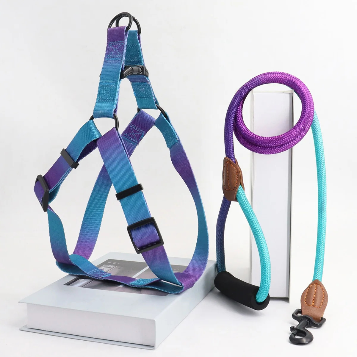 A set of colorful pet harness with leash and dog leash for indoor and outdoor use 250224