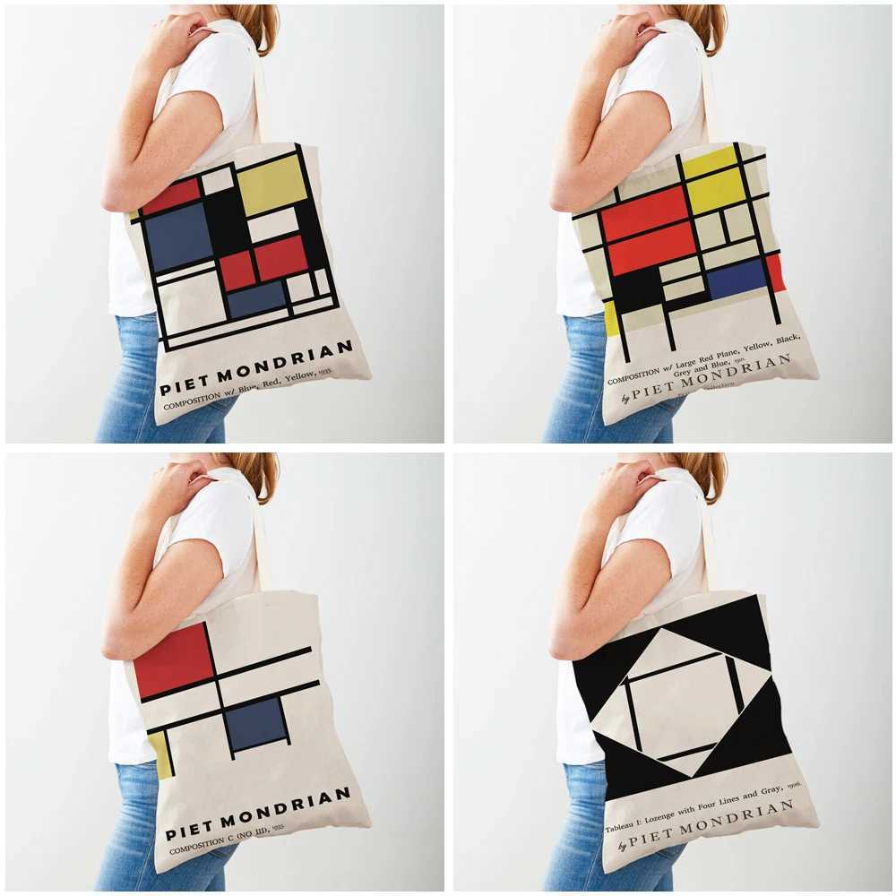 Piet Mondrian Geometric Line Color Block Double Printing Shopping Bag Womens Shopping Bag Womens Canvas Handbag Reusable Travel Bag Z250224