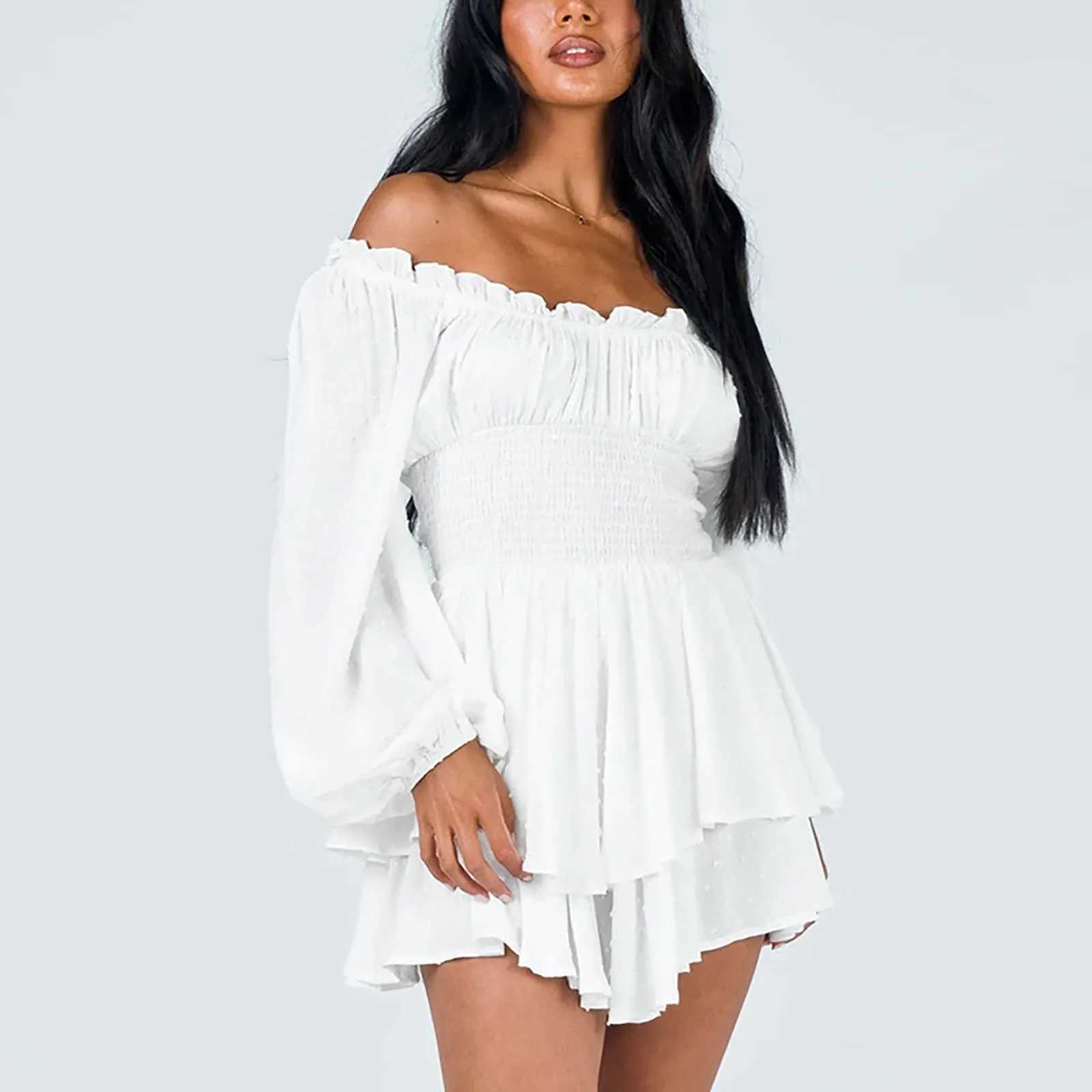 Summer Dress For Women One-Shoulder Corseted Mini Robe Ruffled Layered Chiffon Culottes Crew Neck Off Shoulder Swing Mini DressXJ250224
