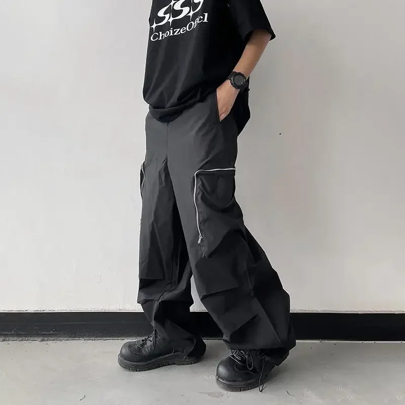 Trendy Zipper Multi Pocket Oversized Casual Elastic Waist Trousers for Men Loose Retro Neutral Hip-hop Cargo Pants 250225