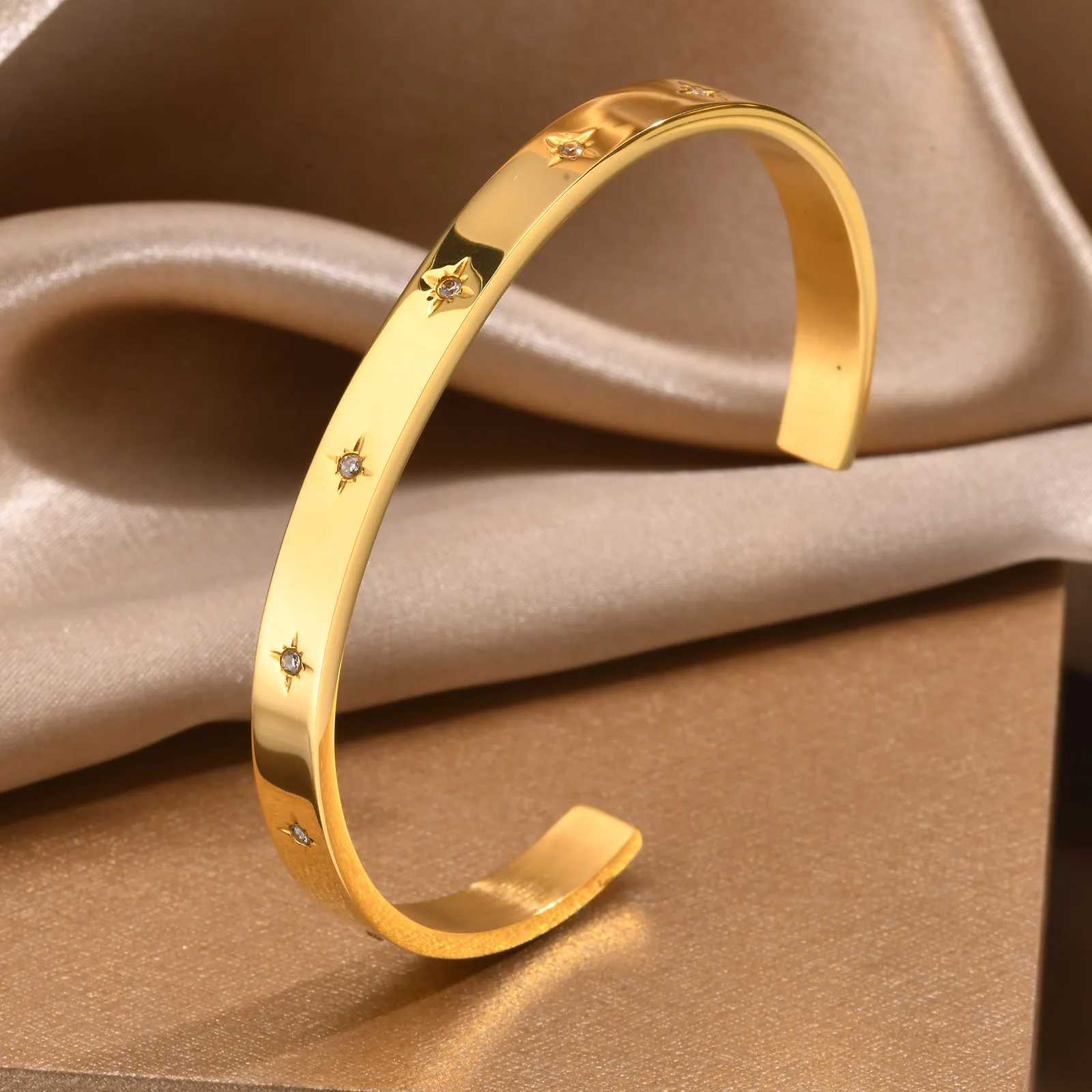Open Adjustable Star Staurst Cuff Bangle Bracelet for Women Stainl Steel Cubic Zirconia Inlay Charm Layered JewelryXJ250225