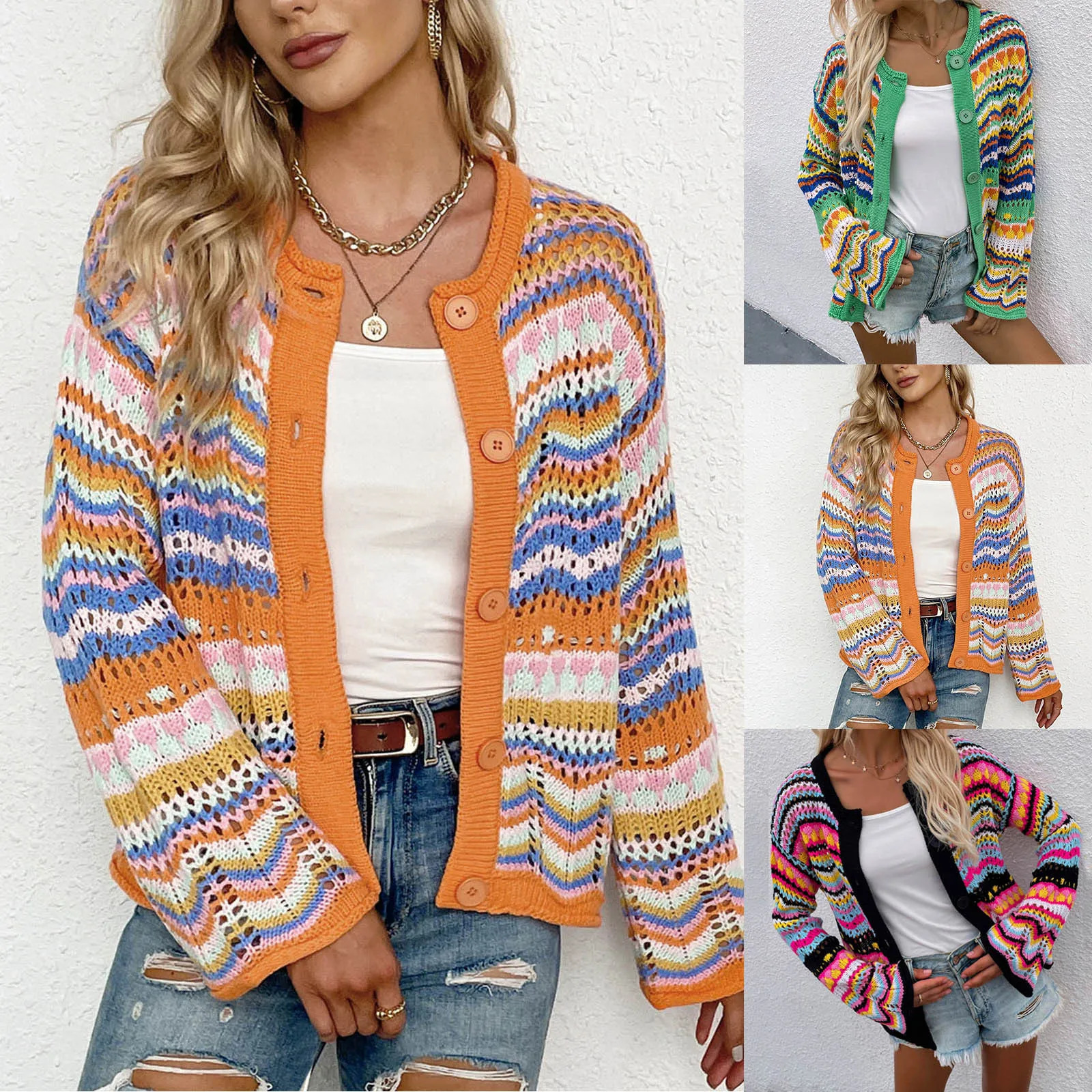 Autumn Light Weight Cardigans Ladies Striped Sweater Loose Rainbow Color Matching Cardigan With Button Fashion Trend Tops 250225