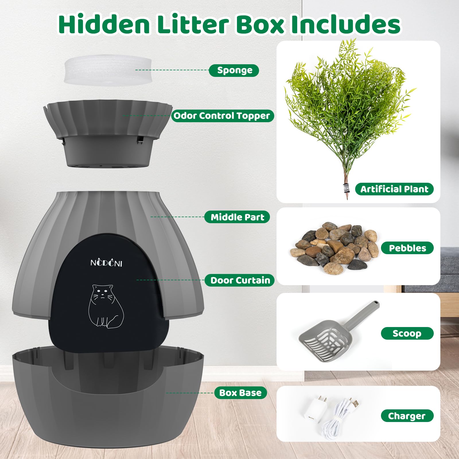 NCDCNI Extra Large Cat Plant Litter Box with Odor Removal, Smart Litter Box for Large Cats, Kitty with Door Curtain, Artificial Plants, Scoop
