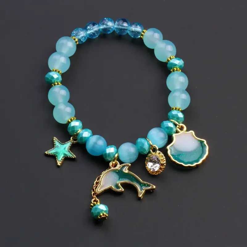 Metal Star Shell Dolphin Charm Pink Beaded Bracelet Girls Sweet Summer Handmade Elastic Bracelet Ocean Blue Color by JewelryXJ250225