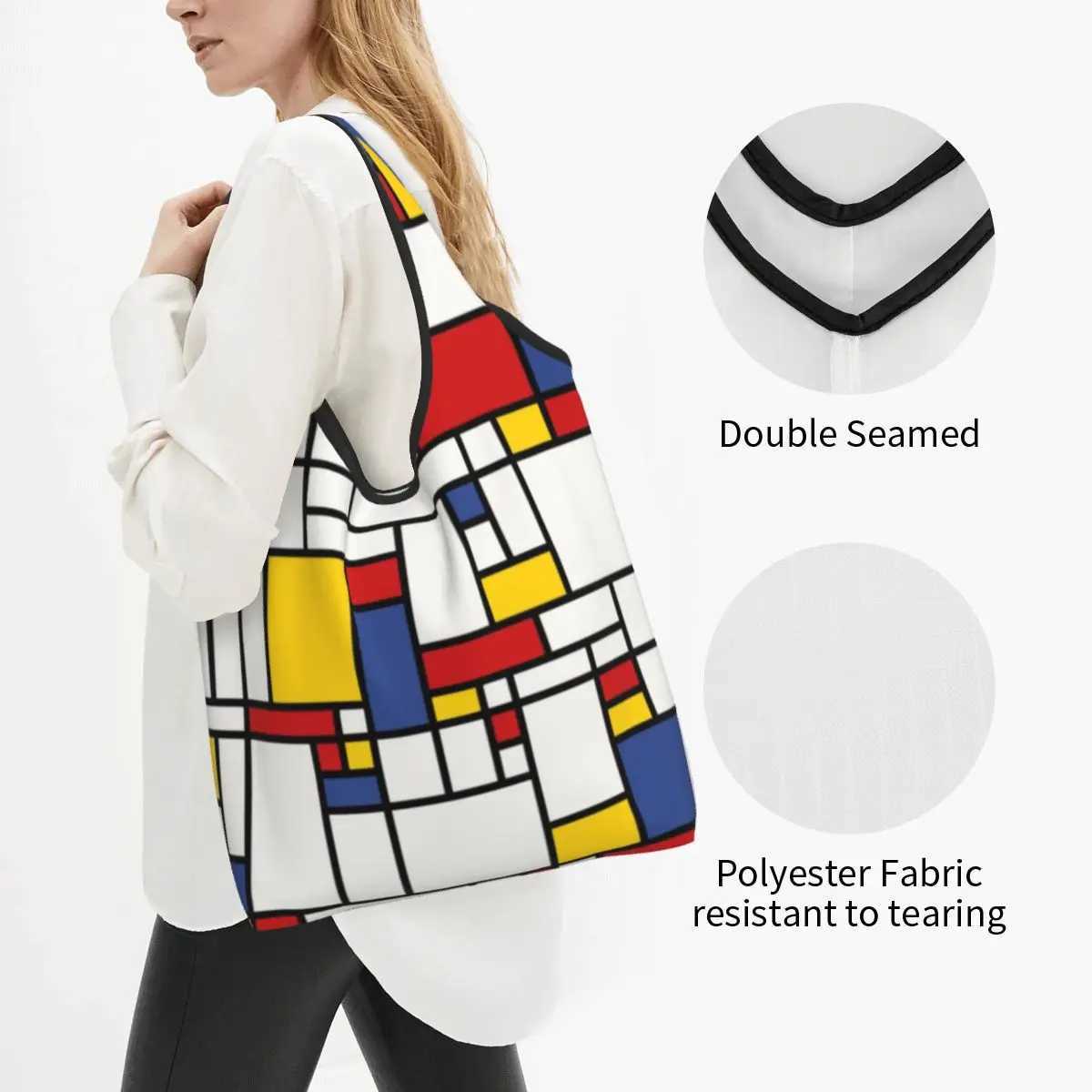 Custom Piet Mondrian Abstract Pop Art 1960s Red Blue Yellow Shopping Tote Bag Geometric Modern Grocery Shopper Shoulder Bag Z250224