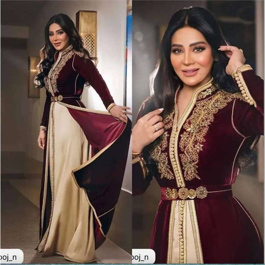 Vintage Bury Moroccan Kaftan Evening Dress 2024 V Neck Long Sleeve Gold Lace Arabic Prom Dresses Beaded Formal Party Gowns Vestidos Robe De Soiree Mar