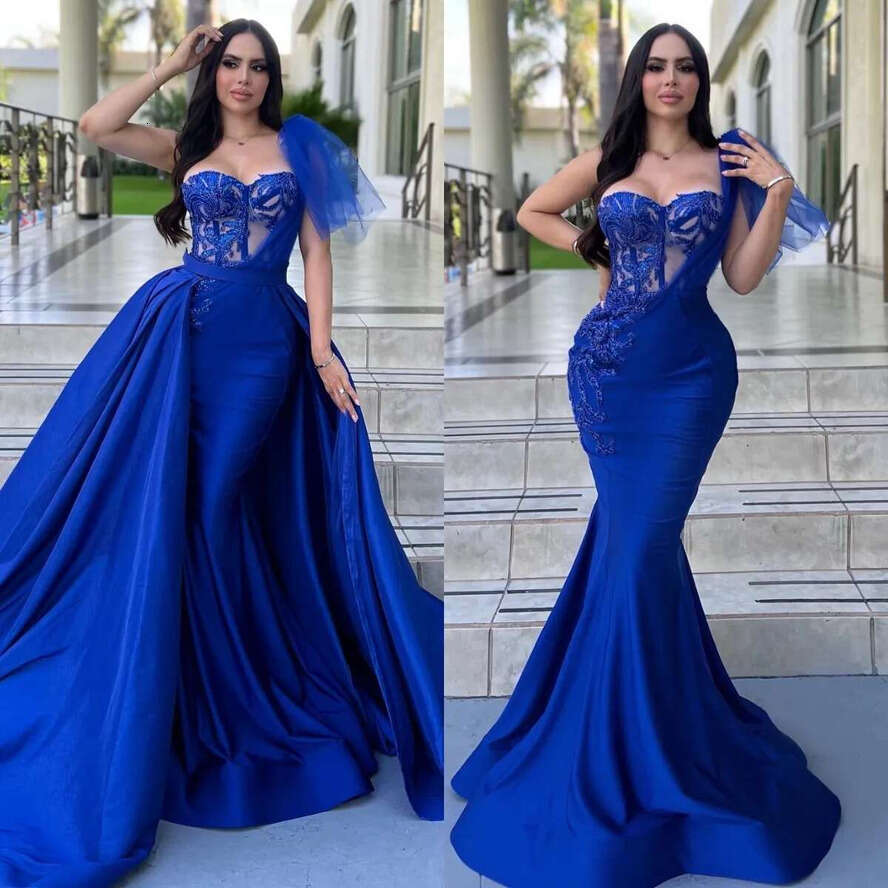 Blue Royal Mermaid Prom Dress Detachable Train Illusion Sequins Bodice Evening Dresses Tulle Shoulder Backless Beauty Women Formal Gown