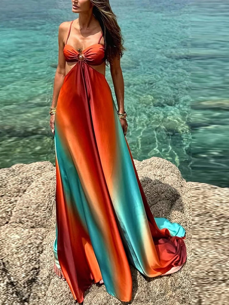 Bohemia Gradient Printed Sling Beach Maxi Dress Women Spaghetti Strap Sleeveless Backless Long Dress Female Hollow Out Chic Robe 250222