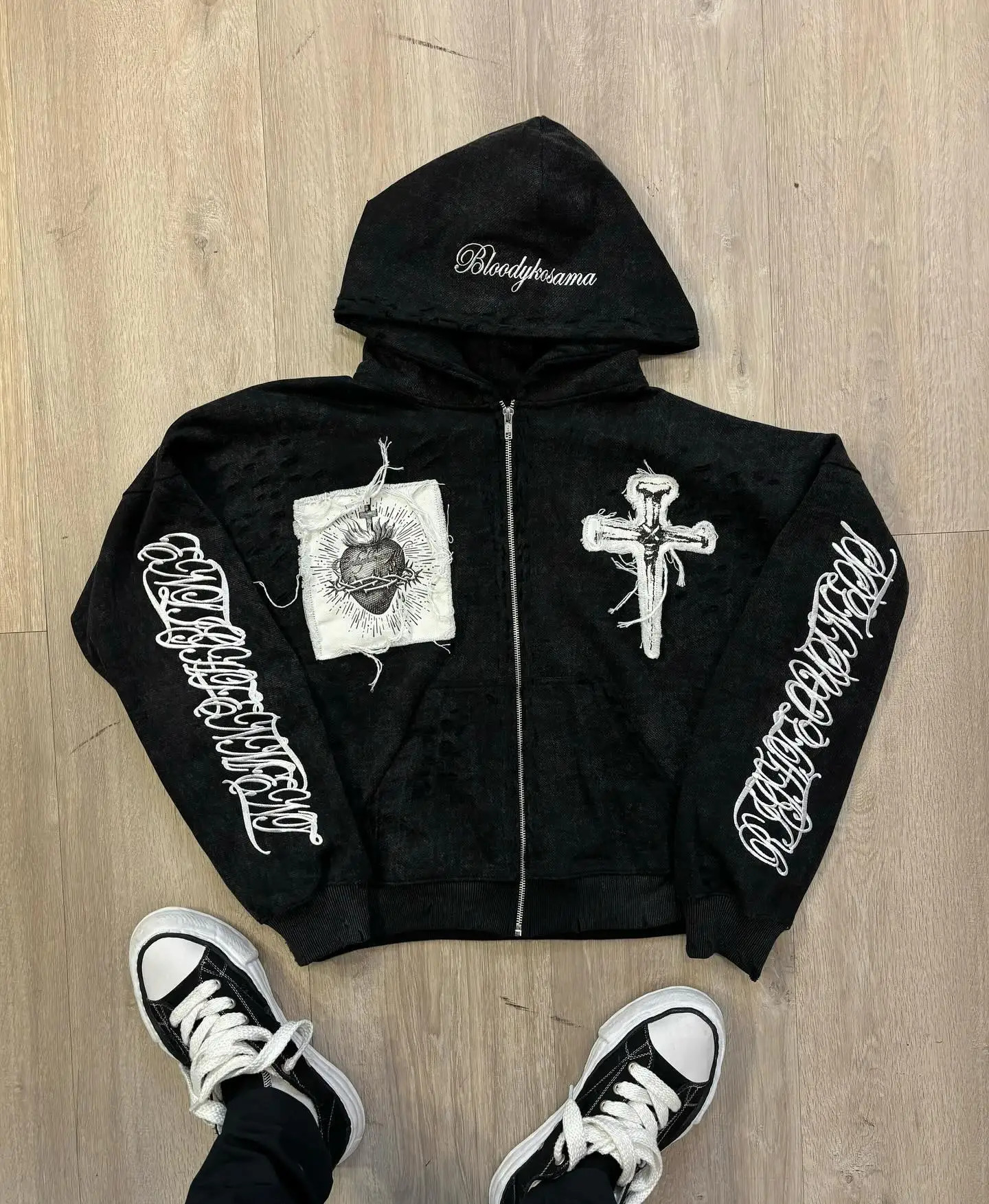 Y2k Sacred Cross Embroidery Hoodie Streetwear Men Trend Hip Hop Patchwork Zip Up Hoodies Black Sweatshirt Loose Jacket Clothing 250224