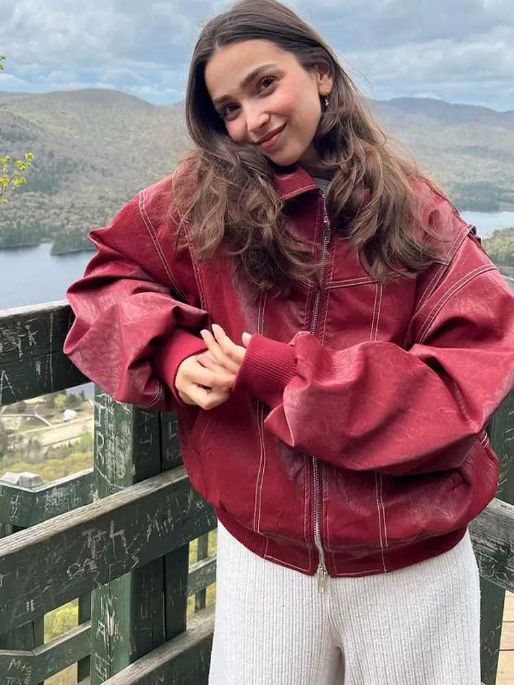 Women Zipper Leather Bomber Jackets Coats Oversized Contrast Stitch Lapel Long Sleeve Jacket Motorcycle 2024 Autumn Outwear Tops 250224