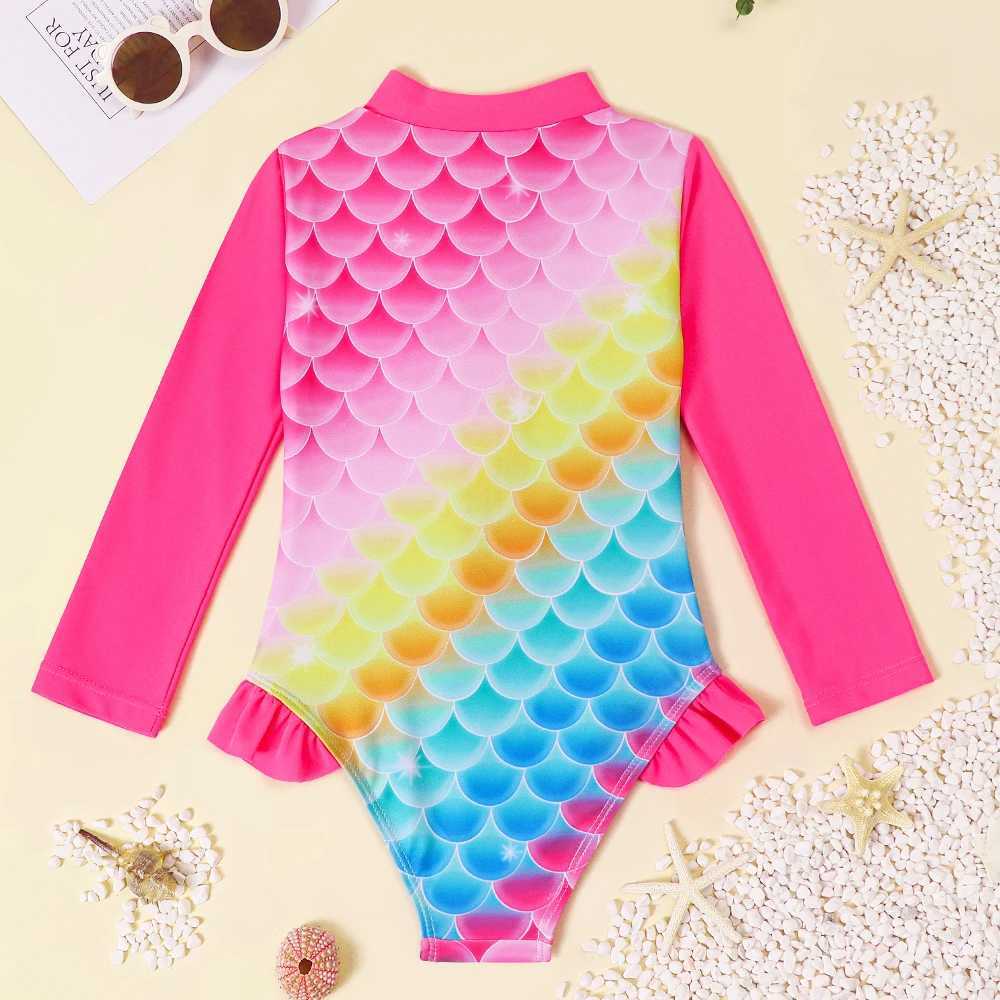 Girls long sleeved swimsuit one-piece swimsuit childrens striped rainbow swimsuit Hawaii beach swimsuit surfing X250224