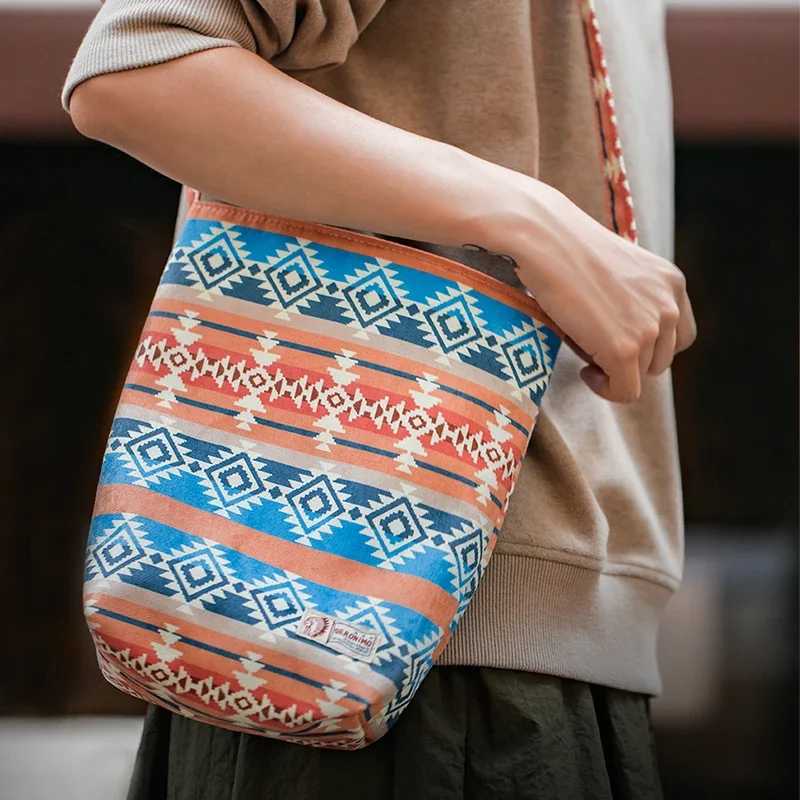 Made Vintage Ethnic Canvas Bucket Bag Niche Double-sided Dual-use Single-shoulder Handbag Messenger Commuter Bags Crossbody Z250225