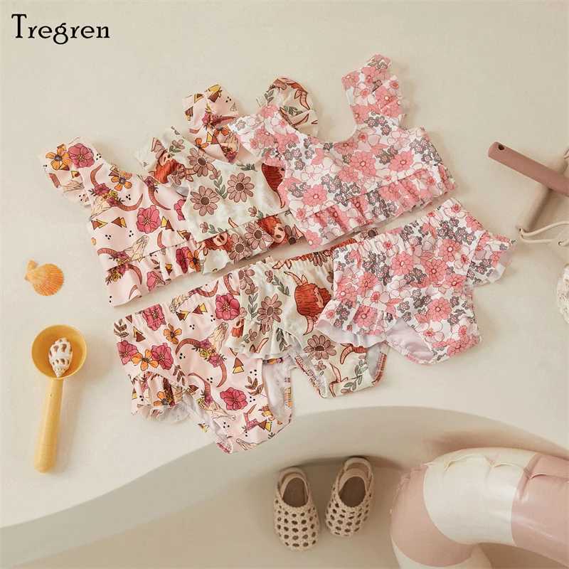 Tregren Cute Baby Bikini Flower/Cow Head Printed Swimsuit Ruffle Swimsuit Summer Pool Hot Spring Beach Wear X250224