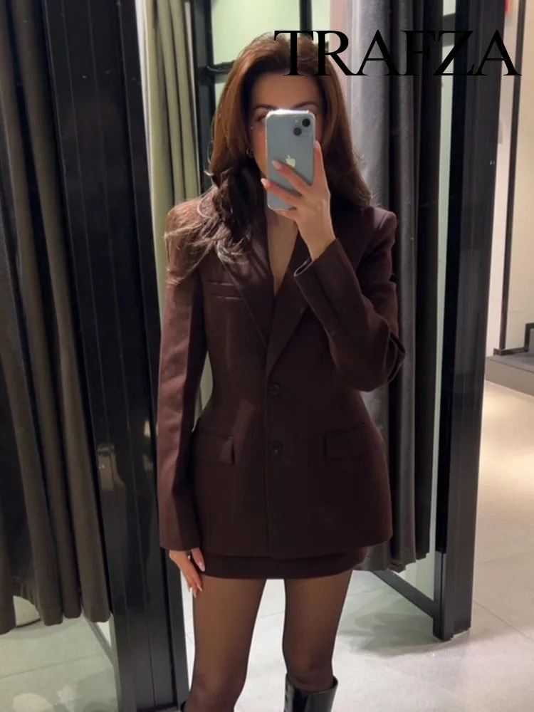 TRAFZA Women Fashion Suits Brown TurnDown Collar Long Sleeves Single Breasted BlazerHigh Waist Zipper Skirt Female Spring Sets 250222