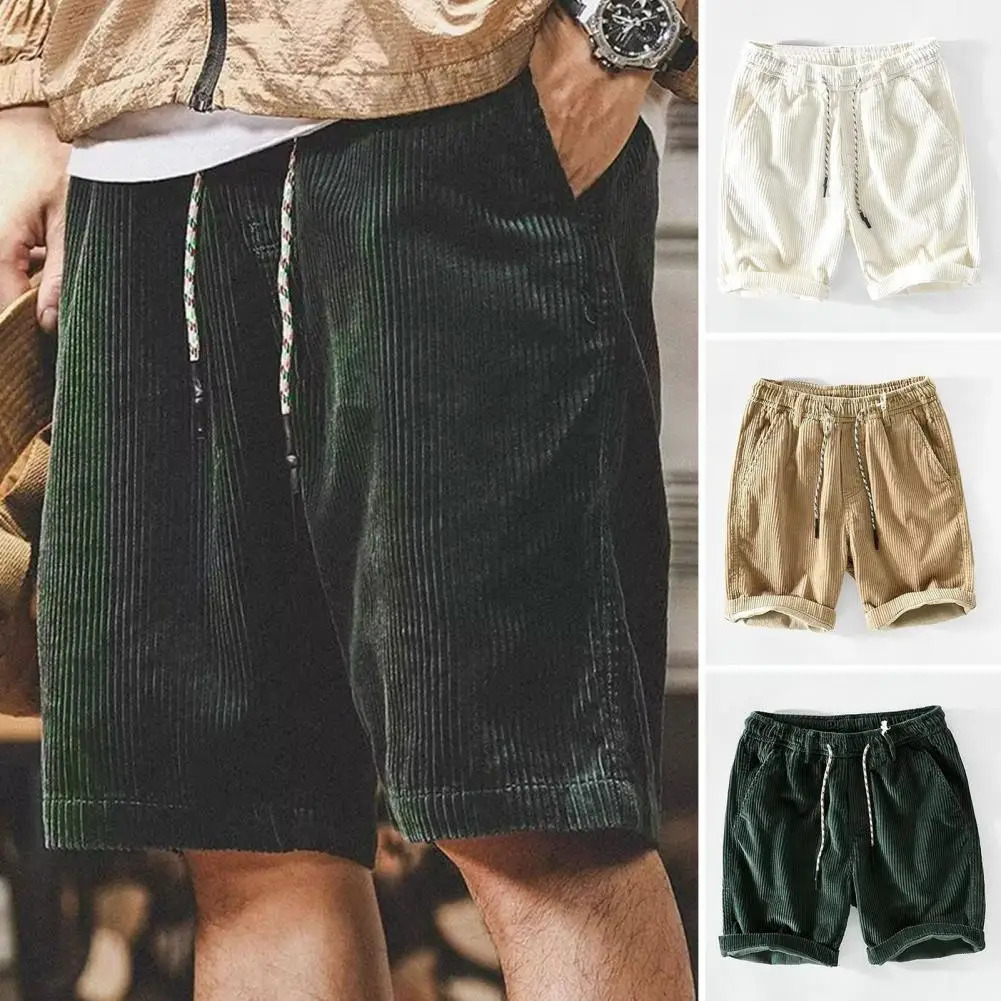 Men Shorts Stylish Mens Elastic Waist Corduroy Beach Shorts with Pockets Wide Leg Drawstring Shorts for Summer Adjustable Solid 250225