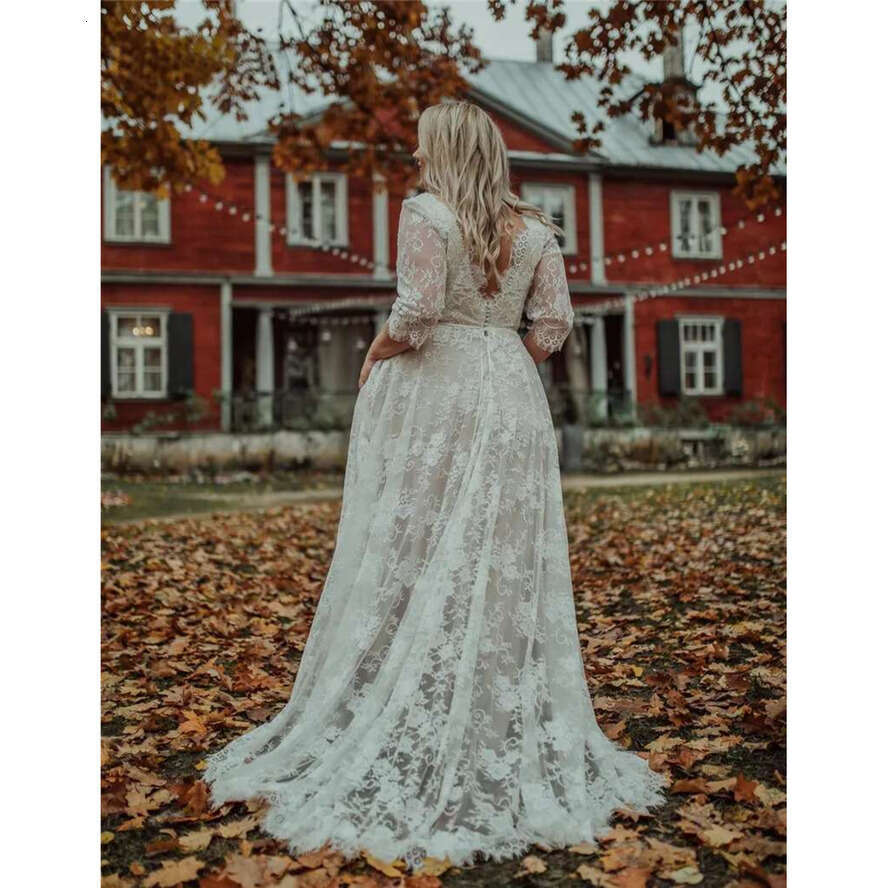 Lace Wedding Dresses Boho Bridal Gowns Plus Size V-Neck Backless 3/4 Long Sleeve Bohemian Bride Dress Simple Vestidos De Novia