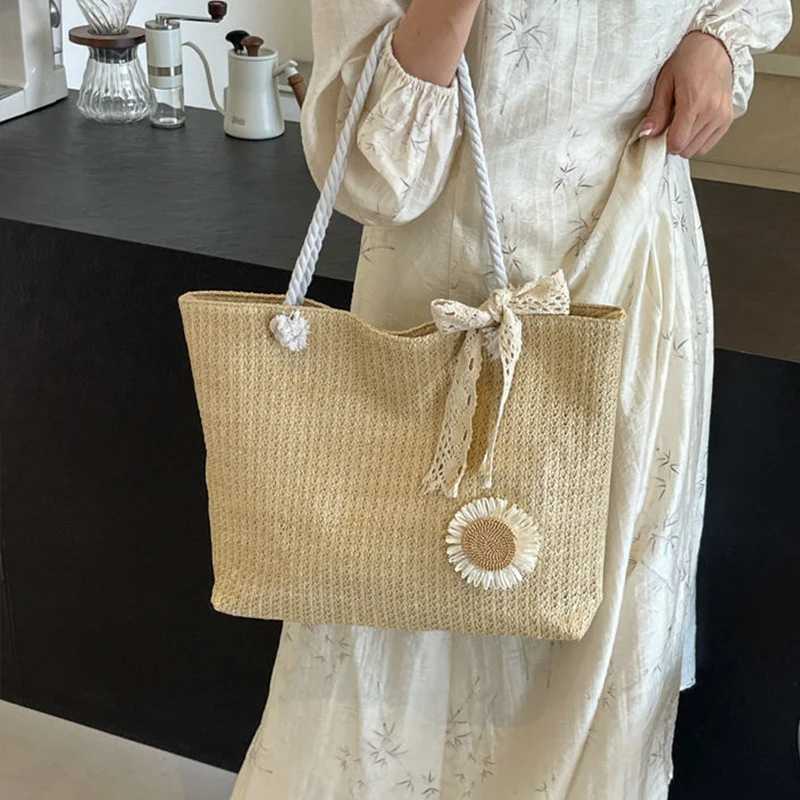 Weave Lace Ribbon Tote Bag Large Capacity Summer Beach Straw Handbag Purse Female Bohemian Shoulder Bag Women Ladies Travel Bag