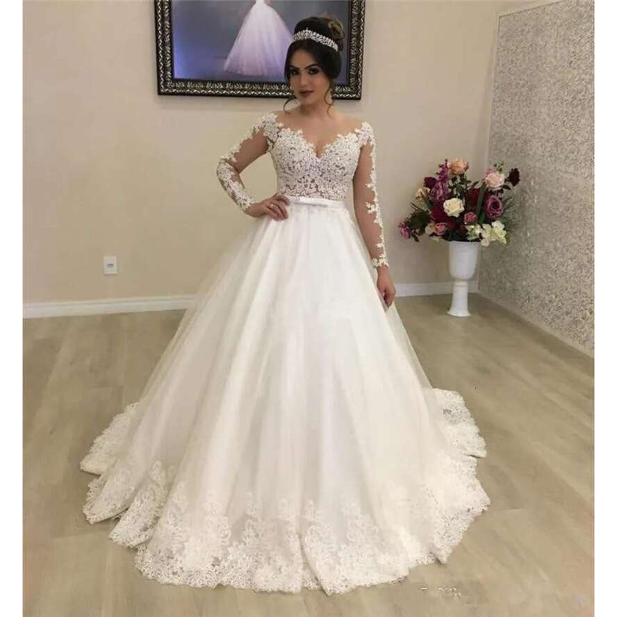Lace Princess Ball Gown Wedding Dress | Illusion Necke, Long Sleeves, Sweep Train