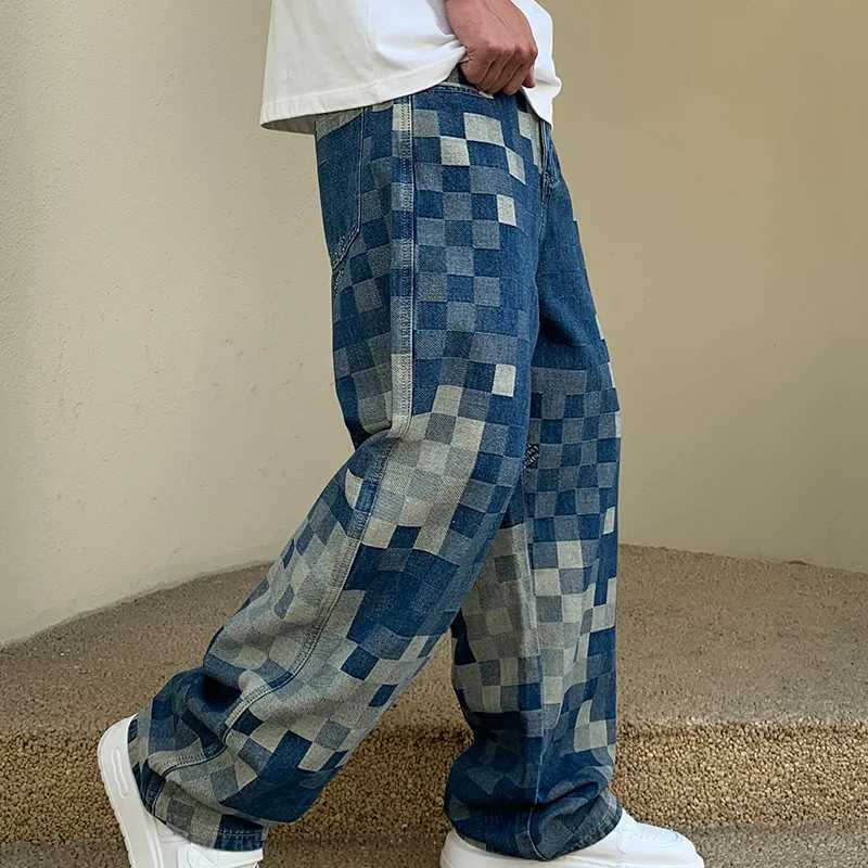 Men's Jeans Mosaic checkerboard jeans mens fashionable and personalized design loose straight leg street hip-hop Y2K unique trendy pants z250225