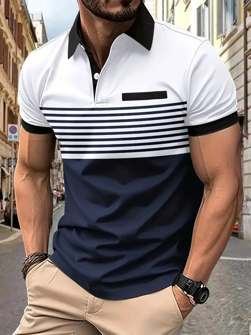 Summer Striped 3D Printed Mens Polo T Shirt Fashion Lapel Button Zipper Top Hipster Trend Streetwear Short Sleeve Tops 250225