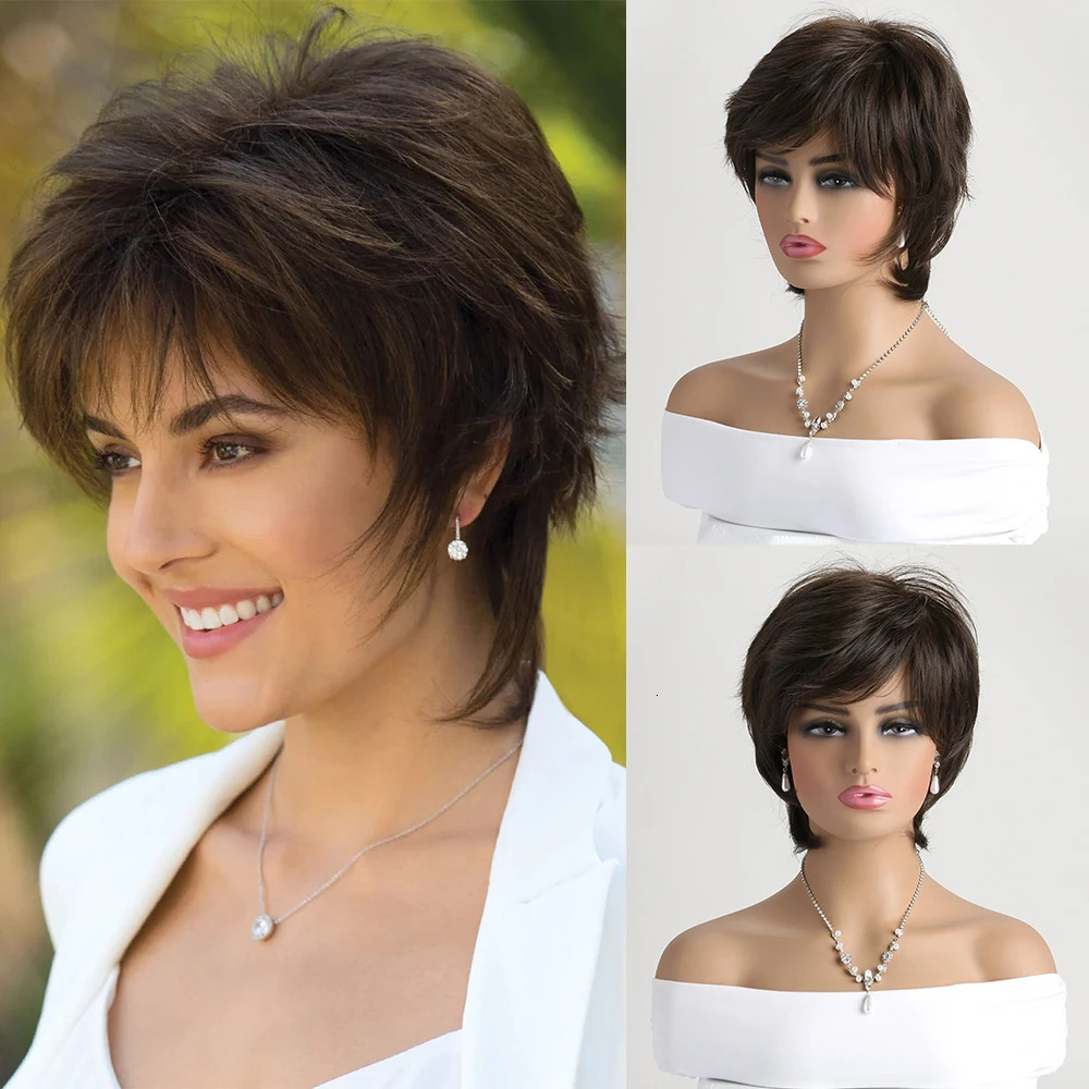 Short Natural Wigs with Bangs Soft Hair Daily Use Short Brown Ombre Curly Synthetic Hair Costume Party Wig for Women 250224