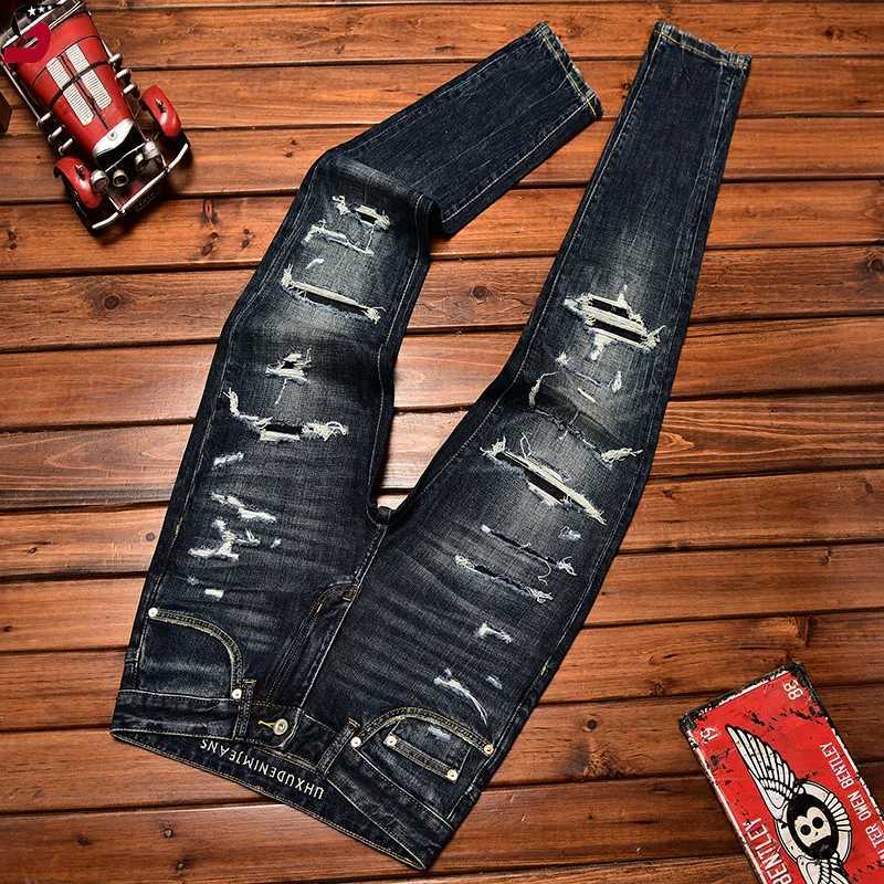 Men's Jeans High end mens clothing 2024 autumn trend jeans mens style holes and patches scraping slim fit tight fashion elastic pants z250225